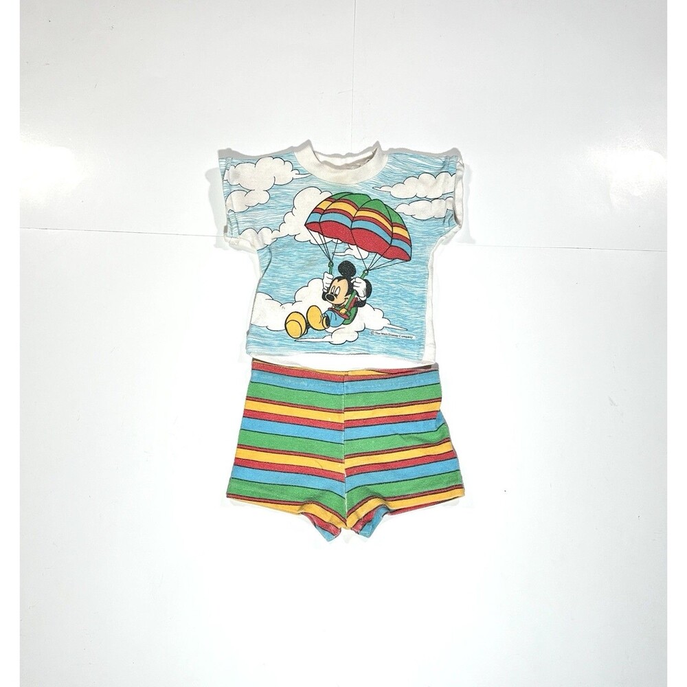 Vintage 80s Disney Mickey Mouse Sky Driving Baby League Outfit Set Newborn Rare